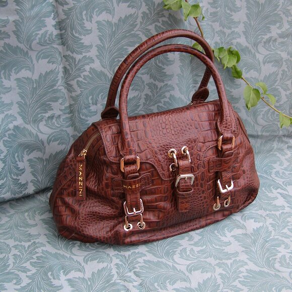 NEW MAZZINI Brown Leather Bag w/Tag Croc Embossed - Picture 2 of 15
